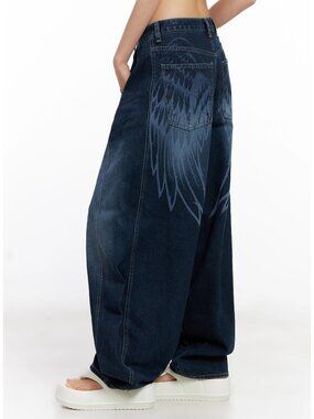 Wide-Leg Jeans with Angel Wing Print, size S, NWT!